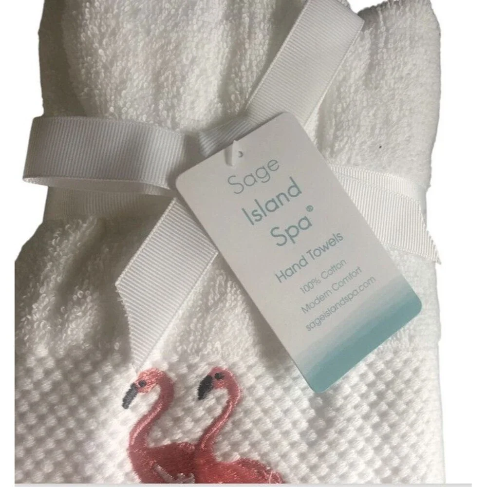 Sage Island Flamingo Hand Towels Set of 2 Embroidered Summer Beach Coastal